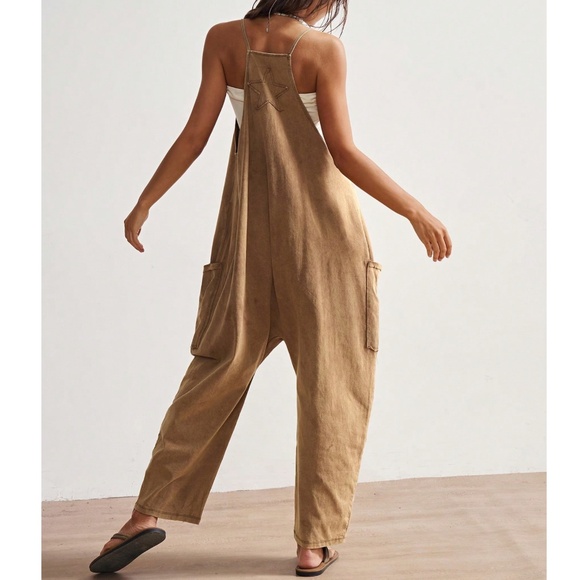 Star Patch Solid Camel Pockets Straight Leg Cami Jumpsuit - Picture 3 of 5